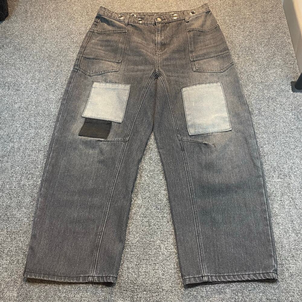 Gray Barrel Leg Baggy Wide Low Rise Patchwork Denim Jeans Streetwear Women 14
